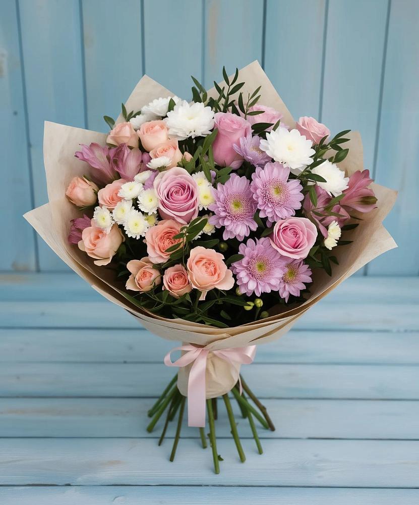 Букет цветов из: Хризантемы, Розы и Альстромерии в Молодежном Иркутская область