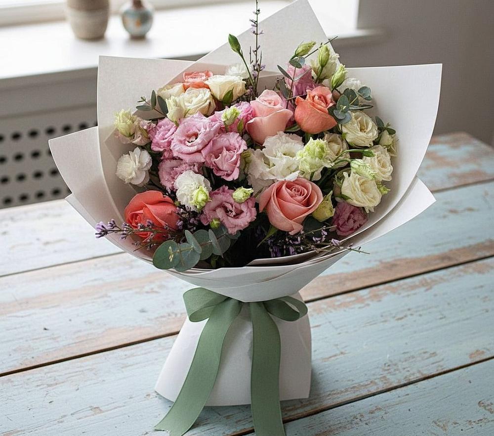 Букет цветов из: Розы, Лизиантусы и Гвоздики в Молодежном Иркутская область