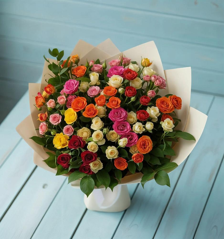 Букет Микс из разноцветных кустовых роз в Молодежном Иркутская область