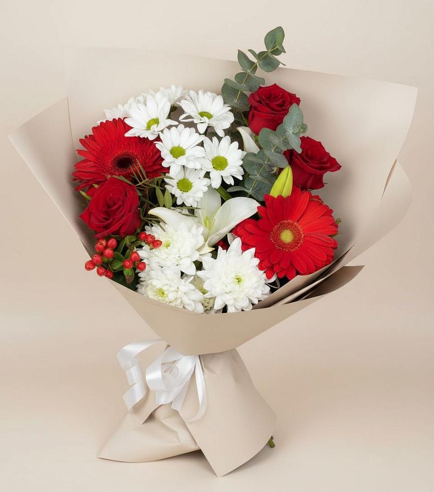 Букет цветов из: Розы, Хризантемы, Герберы и Лилии в Молодежном Иркутская область