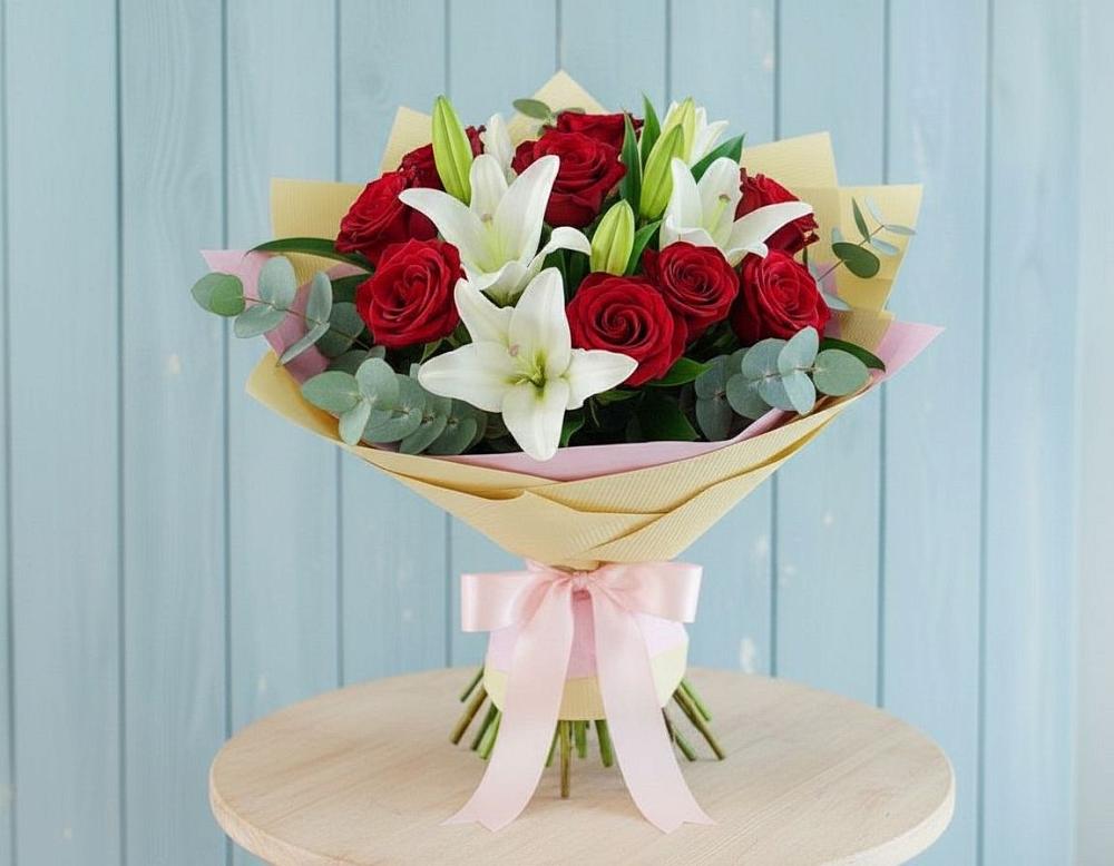 Букет цветов из: Лилии и Розы в Молодежном Иркутская область