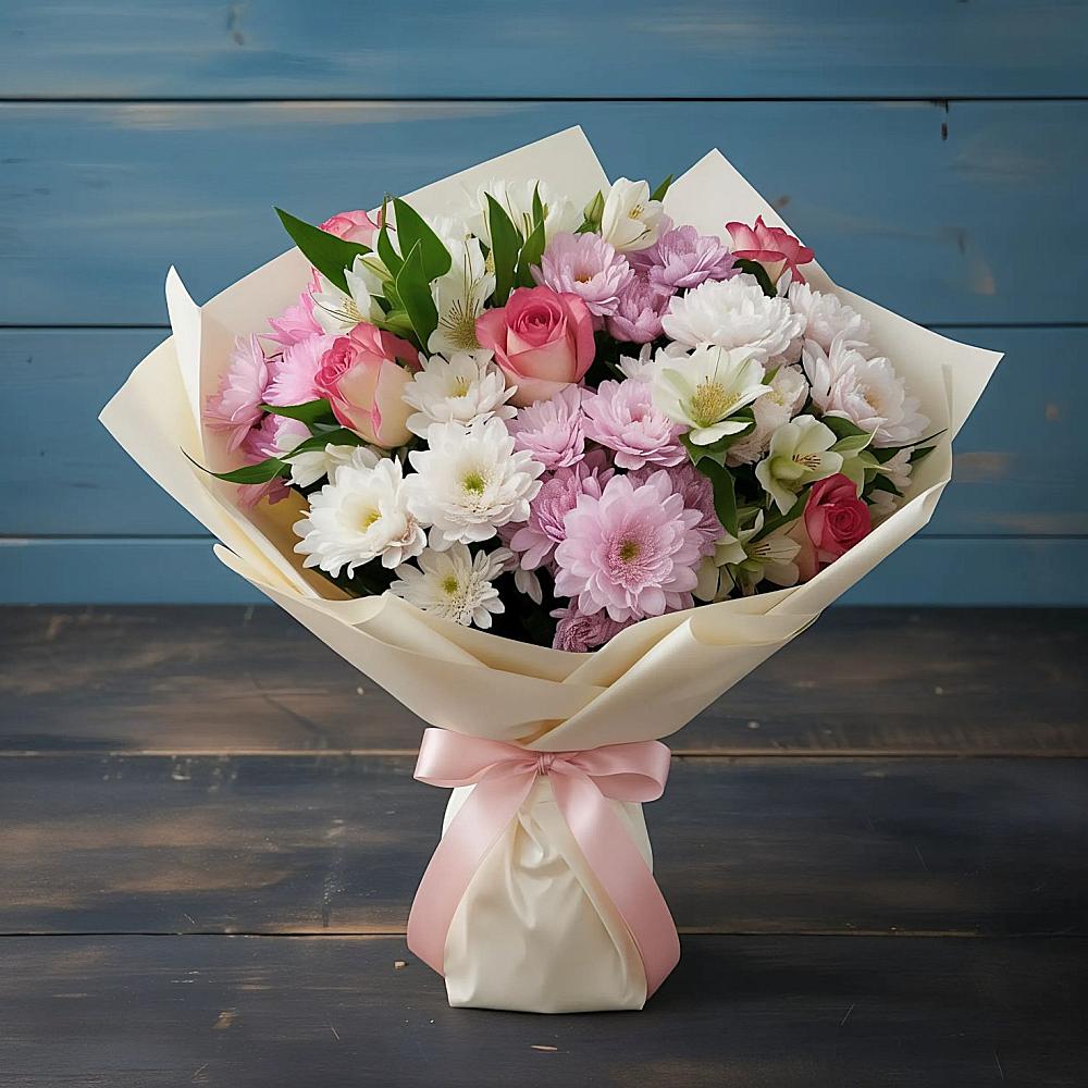 Букет цветов из: Хризантемы, Альстромерии и Розы в Молодежном Иркутская область